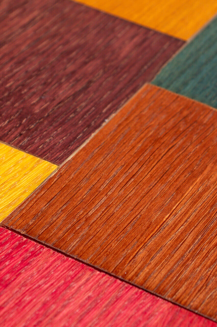 Segments of wooden boards painted in various colors